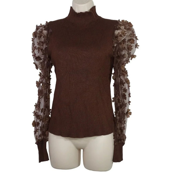 Almost Famous Brown Ribbed Knit Top Mock Neck Sheer Floral Puff Sleeves Size L - Picture 1 of 9